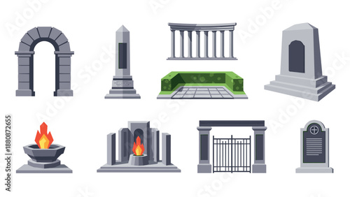 Ancient architecture and monuments set with tombstones and arches