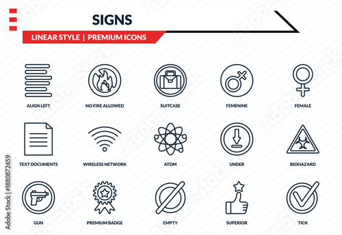 signs icons set - align left, no fire allowed, text documents, empty, tick outline vector collection.