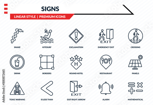 signs icons set - snake, kitesurf, drink, exit right arrow, mathematical outline vector collection.