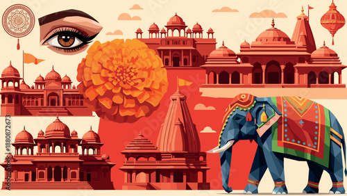Indian cultural collage featuring traditional architecture and art elements