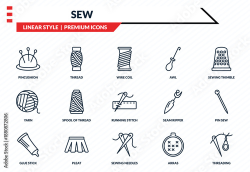sew icons set - pincushion, thread, yarn, sewing needles, threading outline vector collection.