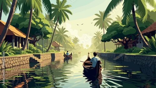 Tranquil tropical canal with boats and palm trees at sunrise
