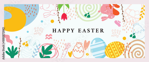 Trendy abstract Happy Easter banner design featuring colorful decorative eggs, playful rabbits, and fresh spring flowers in a modern doodle style background.