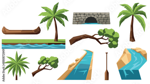 Tropical island elements with trees, canoe, and waterway in flat design