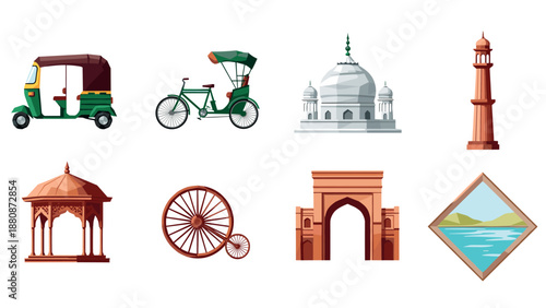 Iconic indian landmarks and transport: auto rickshaw, bicycle, taj mahal, and more in flat design