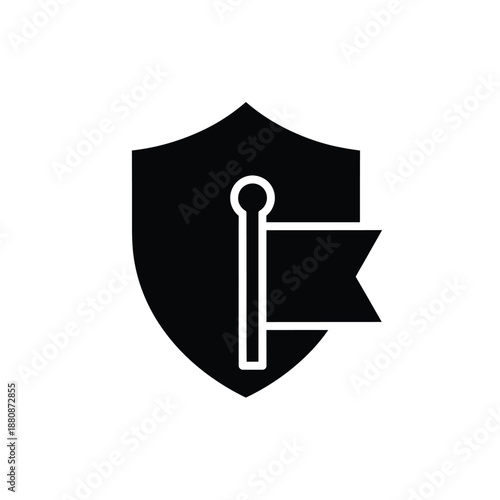 Black shield with white key and banner