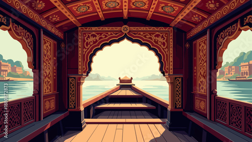 Scenic wooden boat on serene lake with ornate pavilion in flat illustration style