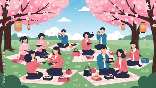 People having picnic under blooming cherry blossom trees in park