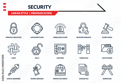 security icons set - padlock unlocked, lifeguard float, hash, protected credit card, barricade outline vector collection.