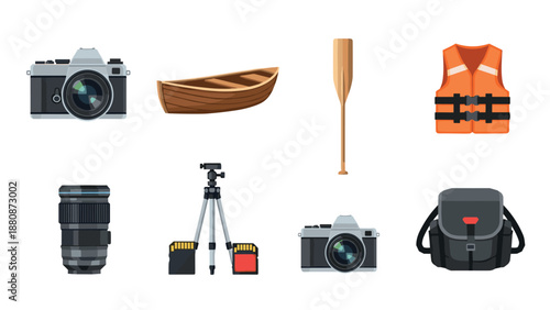 Photography and boating equipment icons: cameras, tripods, life vest, and more