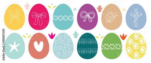 Trendy Easter eggs banner illustration featuring twelve colorful, decorated eggs with cute spring symbols, bows, hearts, and a cross, creating a joyful seasonal background.