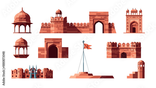 Historic indian forts and architecture elements in flat design