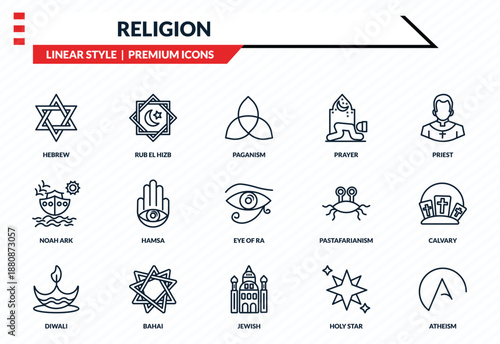 religion icons set - hebrew, rub el hizb, noah ark, jewish, atheism outline vector collection.