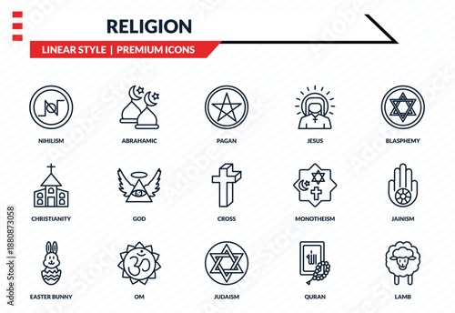 religion icons set - nihilism, abrahamic, christianity, judaism, lamb outline vector collection.