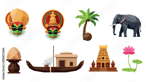 Traditional kerala elements in low poly style featuring cultural icons and nature