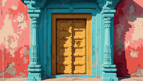 Colorful traditional doorway with ornate carvings and weathered walls