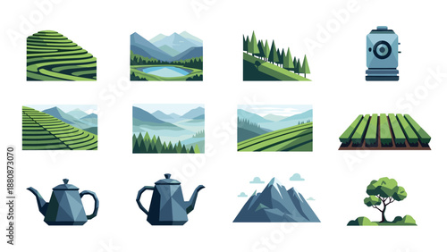 Geometric landscapes and teapots with mountain views in natural color palette