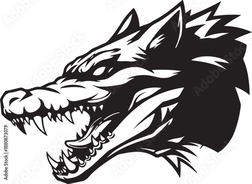 Aggressivewolfheadwithsharpteethandpointedearsinblackandwhiteillustrationstylefinished
