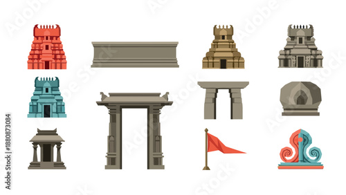 Collection of ancient indian architectural elements with bold and colorful designs