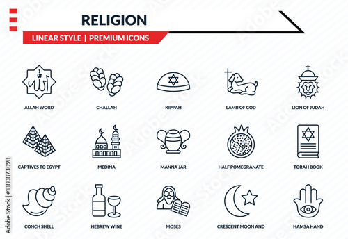 religion icons set - allah word, challah, captives to egypt, moses, hamsa hand outline vector collection.
