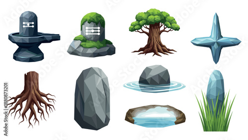 Collection of stylized 3d low poly nature elements including trees, rocks, and water features