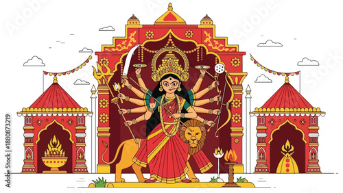 Ornate Hindu Goddess Durga illustration riding lion for Navratri and Durga Puja festival