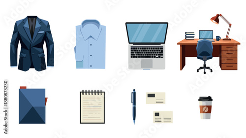 Modern office essentials: laptop, desk, suit, and stationery in flat design