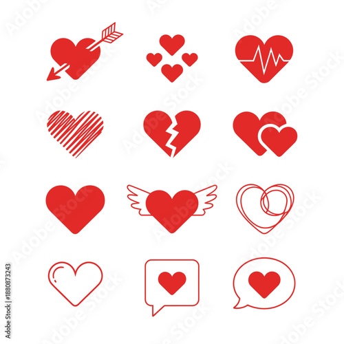 Collection of red heart icons with various designs and styles