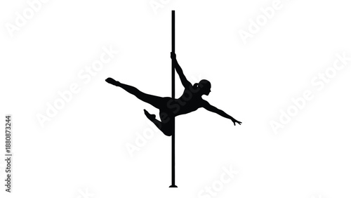 Black silhouette woman performing acrobatic move on pole