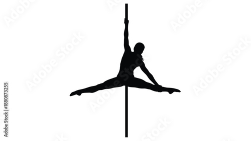 Black silhouette woman performing pole dance move with legs split