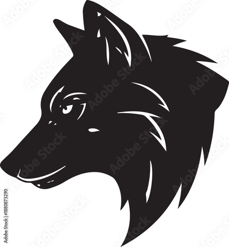 Blackandwhite illustration of a wolfs head with sharp features and detailed fur texture
