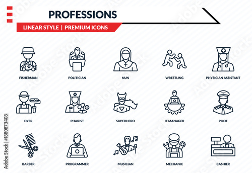 professions icons set - fisherman, politician, dyer, musician, cashier outline vector collection.