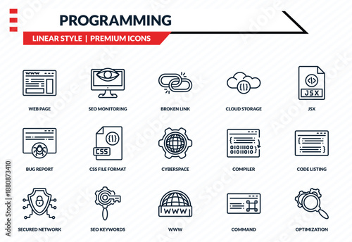 programming icons set - web page, seo monitoring, bug report, www, optimization outline vector collection.