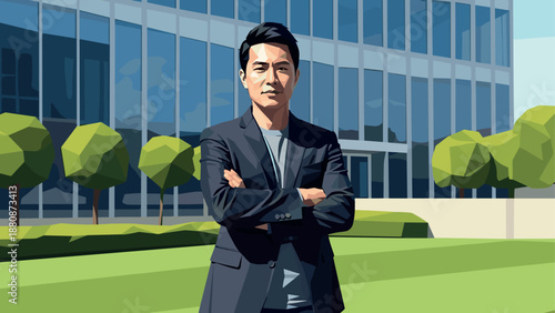 Confident professional standing outside modern glass building with green landscape