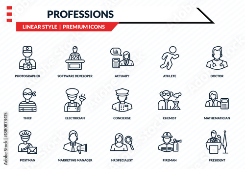 professions icons set - photographer, software developer, thief, hr specialist, president outline vector collection.