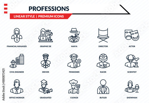 professions icons set - financial manager, graphic de, civil engineer, cooker, showman outline vector collection.