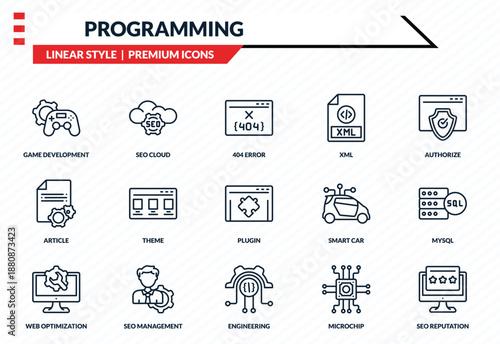 programming icons set - game development, seo cloud, article, engineering, seo reputation outline vector collection.