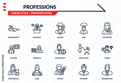 professions icons set - archeologist, secretary, teacher, writer, businessman outline vector collection.
