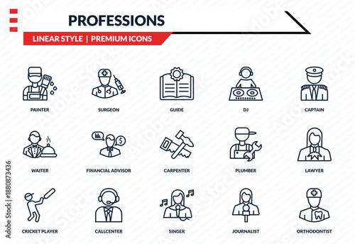 professions icons set - painter, surgeon, waiter, singer, orthodontist outline vector collection.