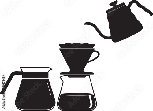 Coffee brewing equipment silhouettes pourover coffee maker and kettle on transparent background