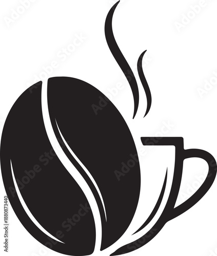 Coffee bean and cup silhouette with steam rising in simple graphic design