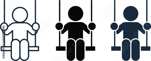 Three stylized figures on swings in outline solid black and navy blue child playground