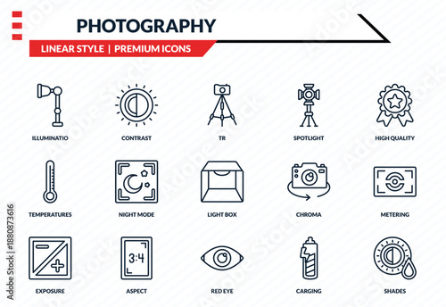 photography icons set - illuminatio, contrast, temperatures, red eye, shades outline vector collection.