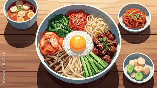Colorful korean bibimbap bowl with fresh vegetables and egg on wooden table