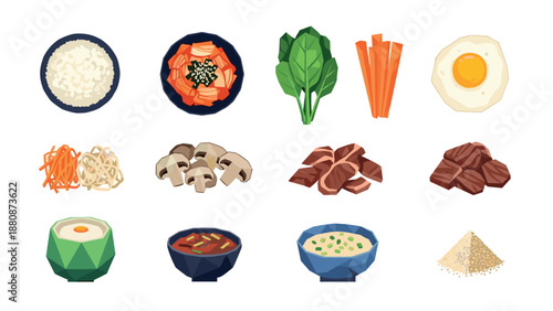 Colorful assortment of bowl ingredients featuring vegetables, rice, and protein elements