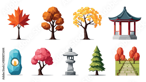 Colorful low poly autumn trees and japanese garden elements