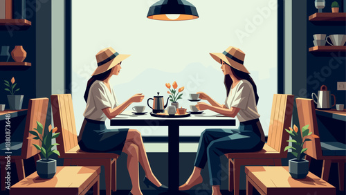 Stylish women enjoying coffee at a cozy cafe interior
