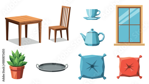 Collection of isometric household items including furniture, kitchenware, and decor elements
