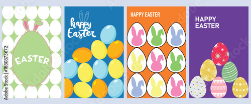 Colorful Happy Easter greeting card vector set featuring decorated eggs, cute bunny ears, festive typography, and vibrant spring holiday backgrounds.