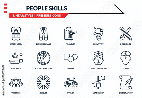 people skills icons set - safety vesty, big binoculars, gardener, cyclist, calligraphist outline vector collection.